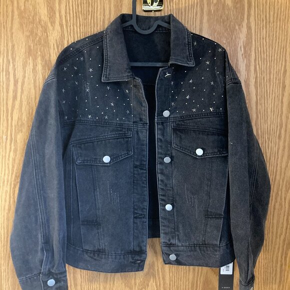 Denim jacket trendy oversized cropped star-studded - NWT - Picture 1 of 7